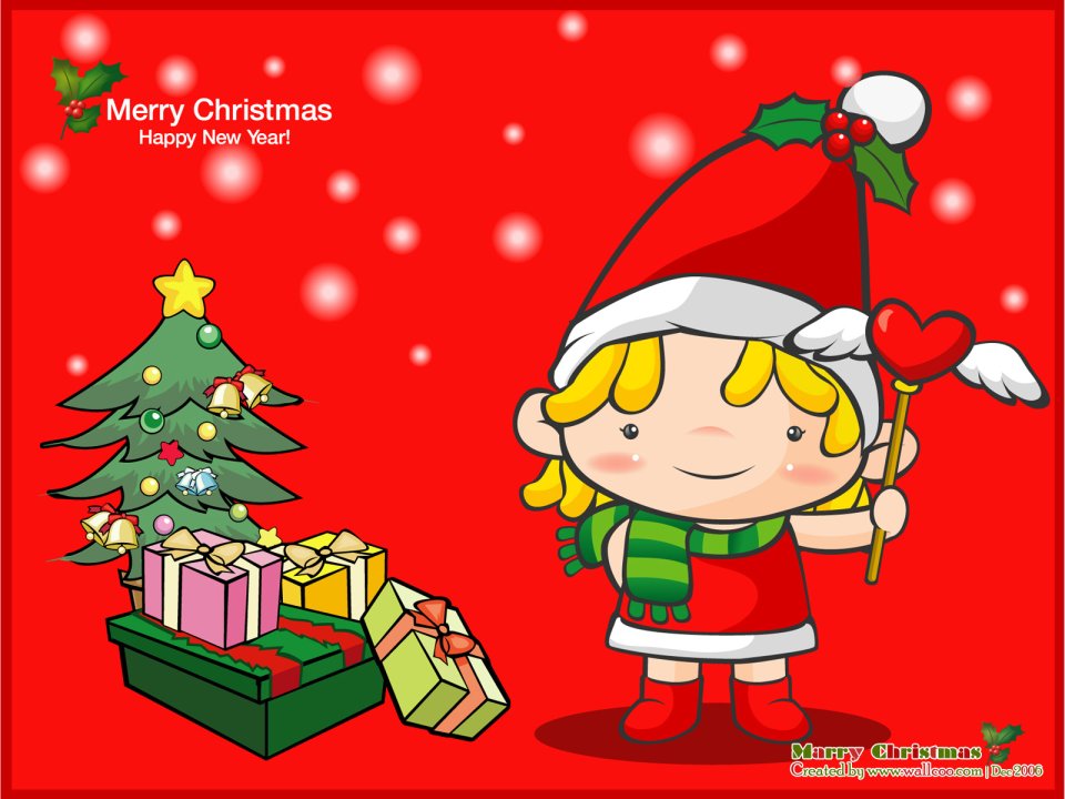 Cartoon Christmas Girl With Tree Vector Wallpaper