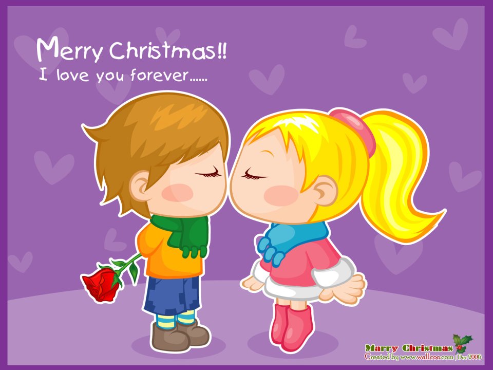 Cartoon Couple Christmas Red Rose Wallpaper
