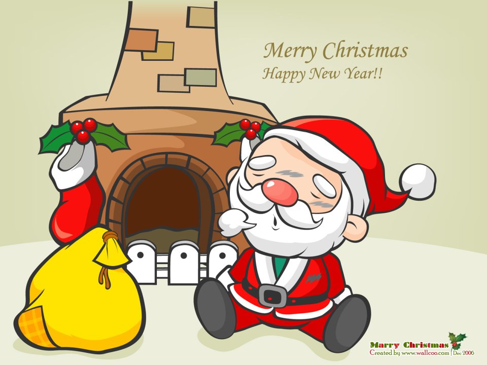 Cartoon Santa Claus Fireplace Gift Vector Wallpaper
