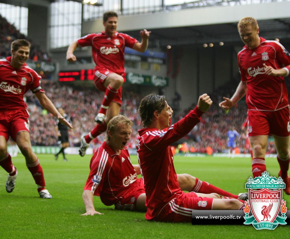 Liverpool FC Players Goal Celebration At Anfield Stadium Classic Football Moment