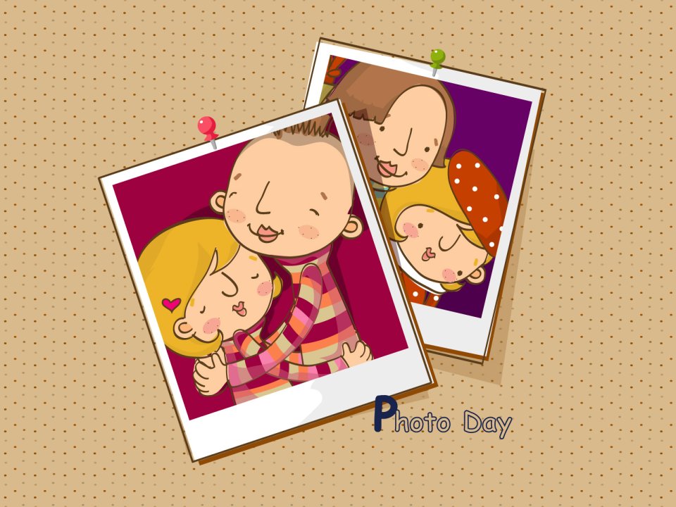 Cartoon Couple Hugging Polaroid Photo Wallpaper