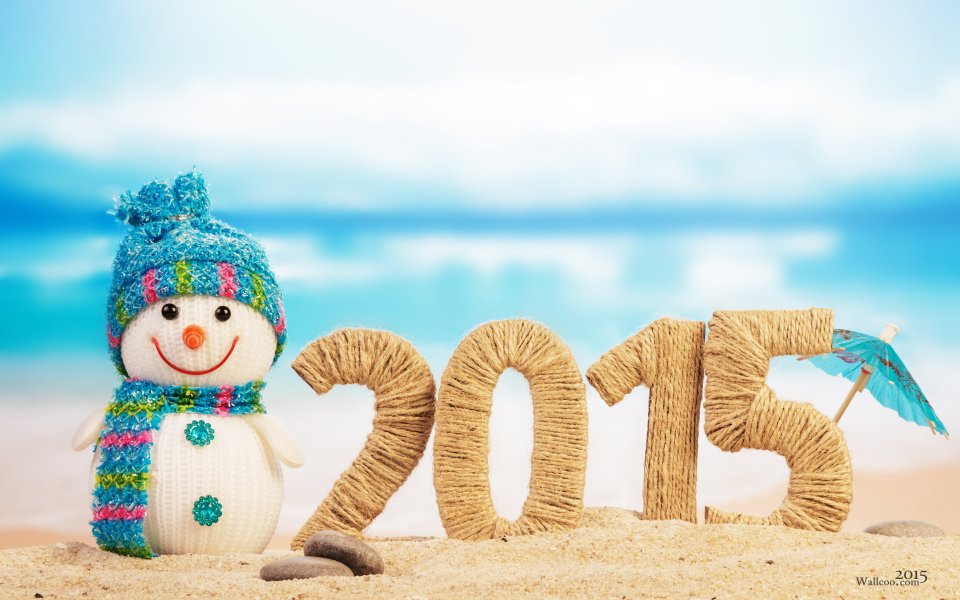 Knitted Numbers 2015 And Snowman On Beach