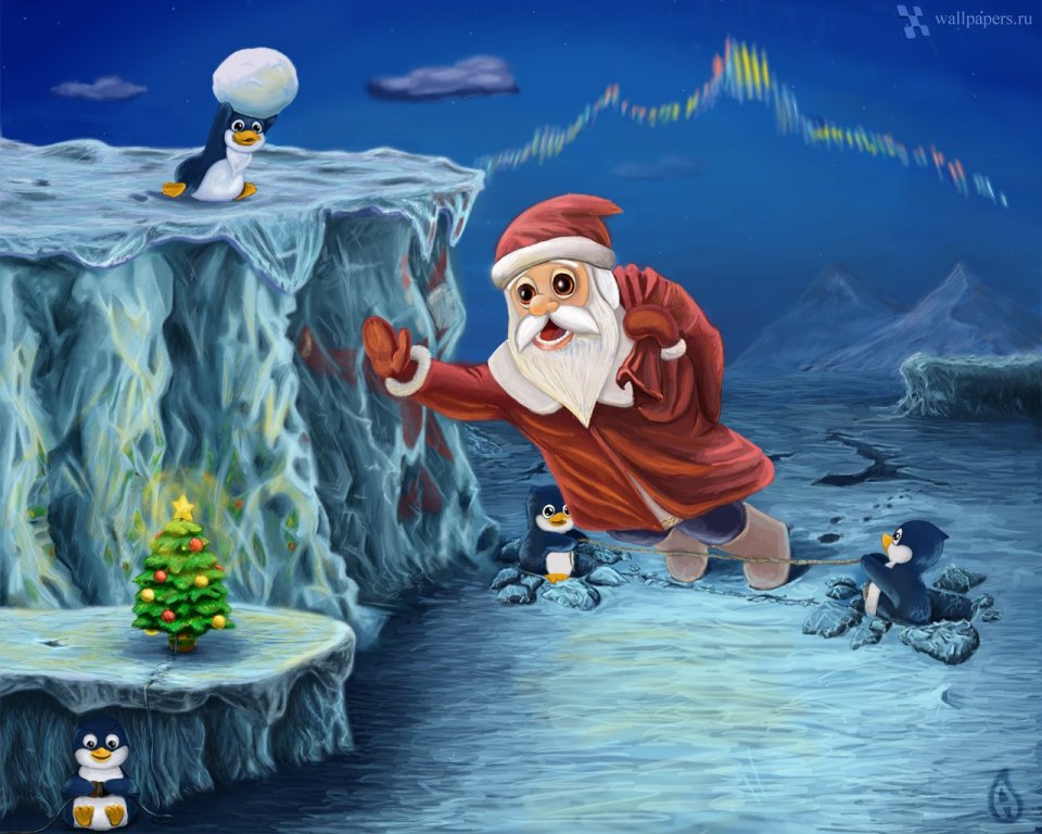 Santa Claus And Penguins Ice Wallpaper
