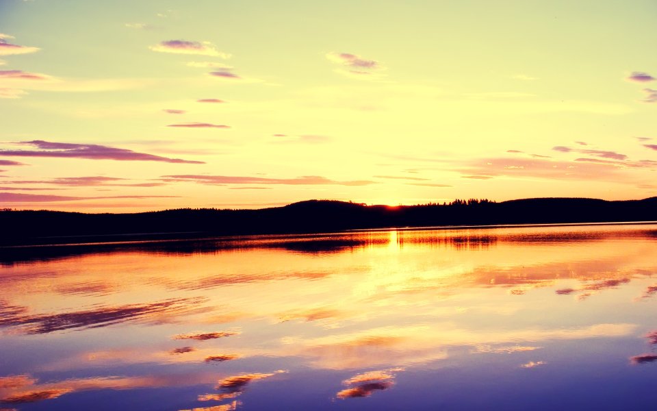 Sunset Lake Reflection Natural Landscape With Forest Silhouette