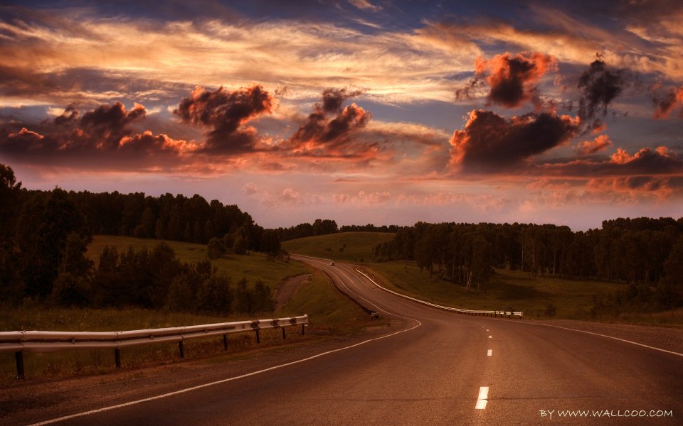 Sunset Winding Country Road Fiery Red Clouds Landscape
