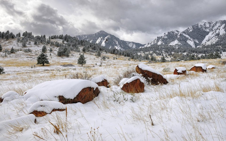 Boulders And Flatirons Colorado Winter Landscape