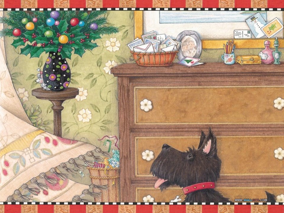 Scottish Terrier And Christmas Decorations Interior Illustration