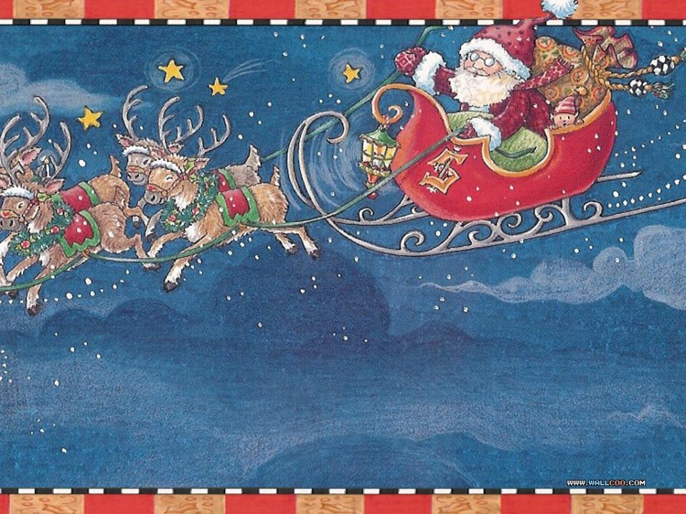 Watercolor Santa Claus Reindeer Sleigh Night Sky