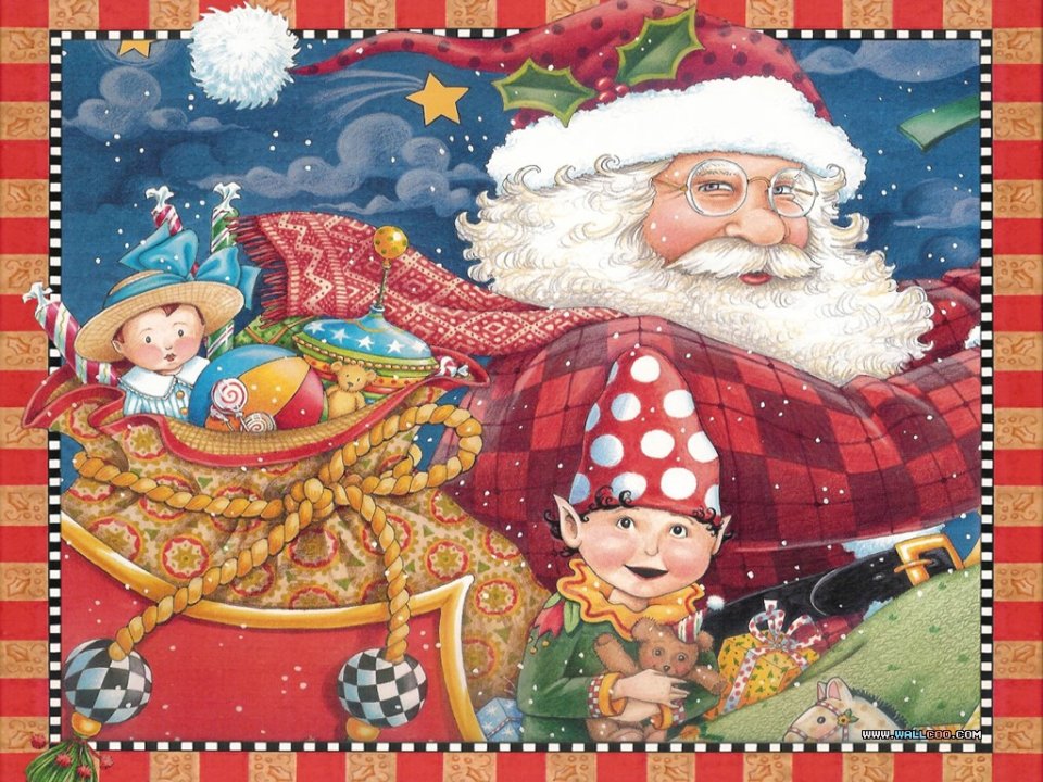 Santa Claus And Elf Gift Distribution Illustration