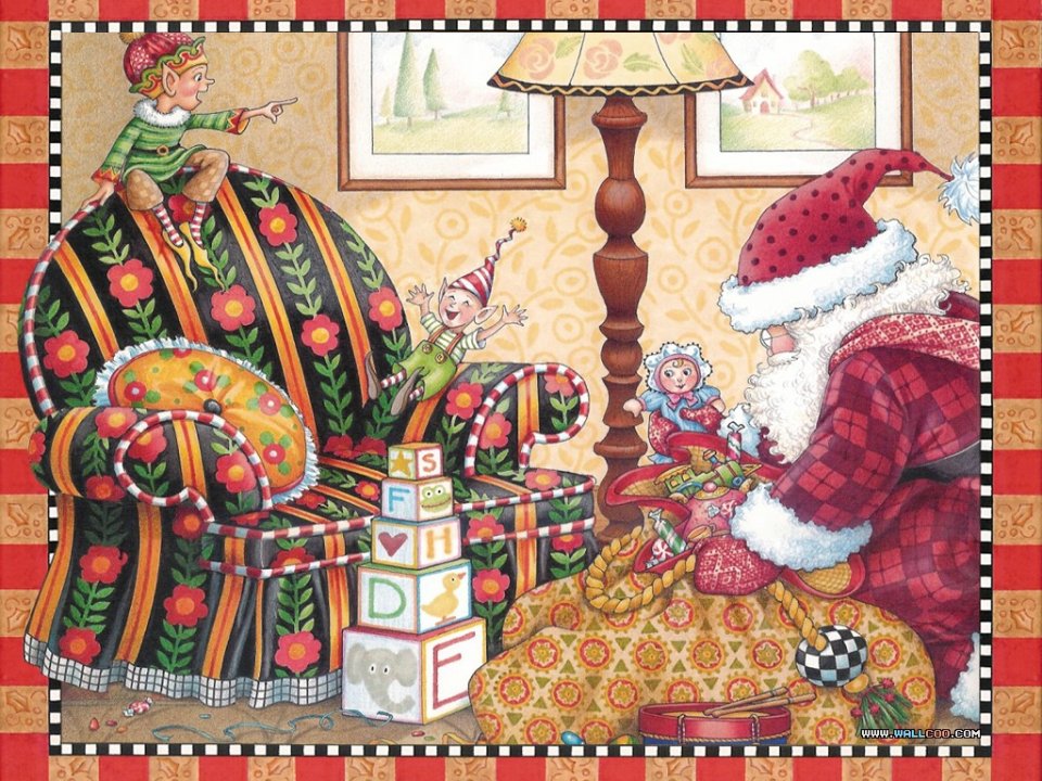 Vintage Illustration Santa Claus And Elves With Gifts