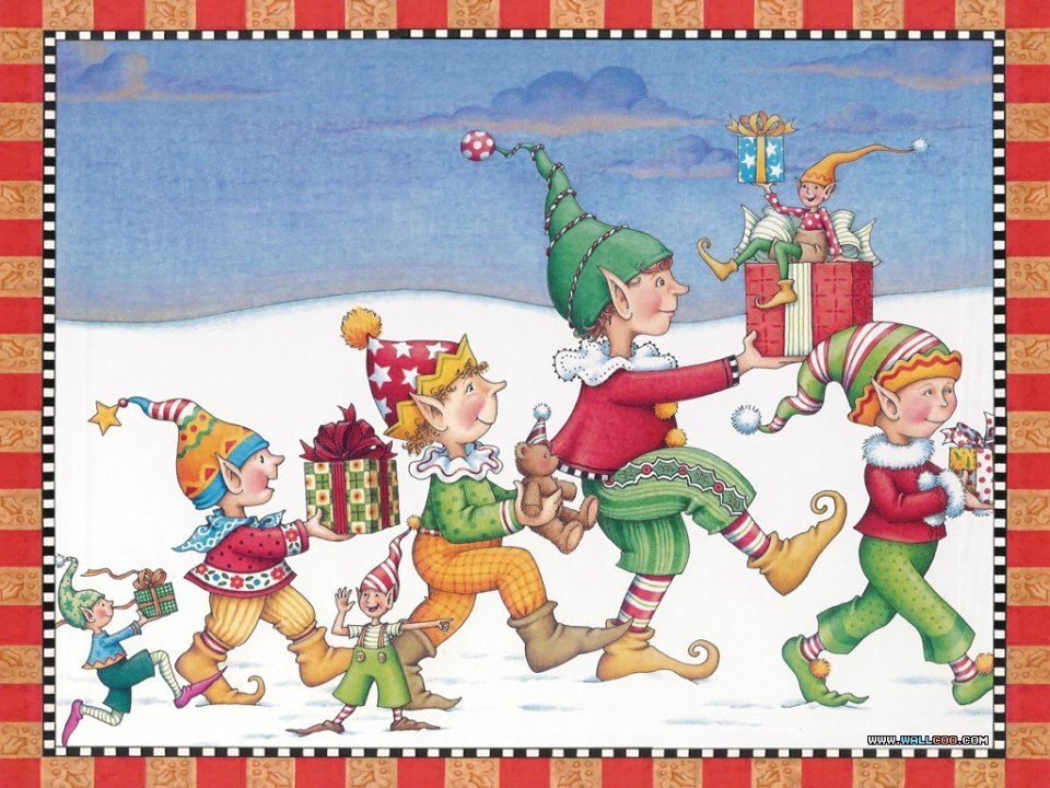 Vintage Fairy Tale Christmas Elves Winter Gifts Illustration
