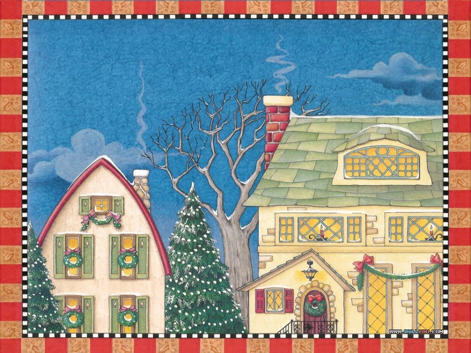 Hand Painted European Villa Winter Snow Christmas Wallpaper