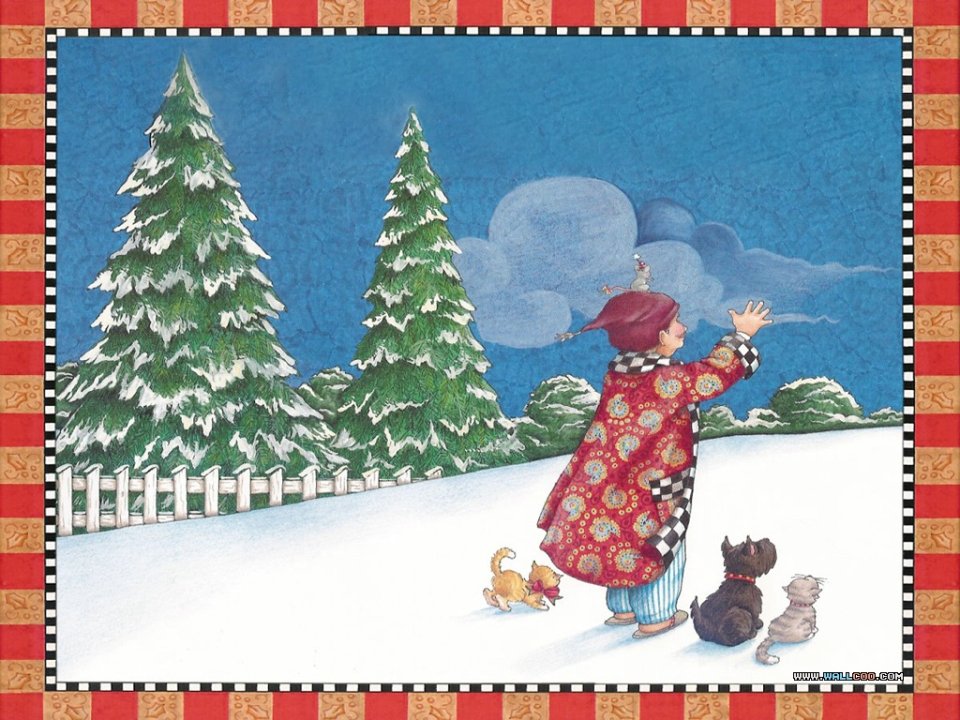 童话插画风格冬日雪景：红帽女孩与猫咪仰望雪人