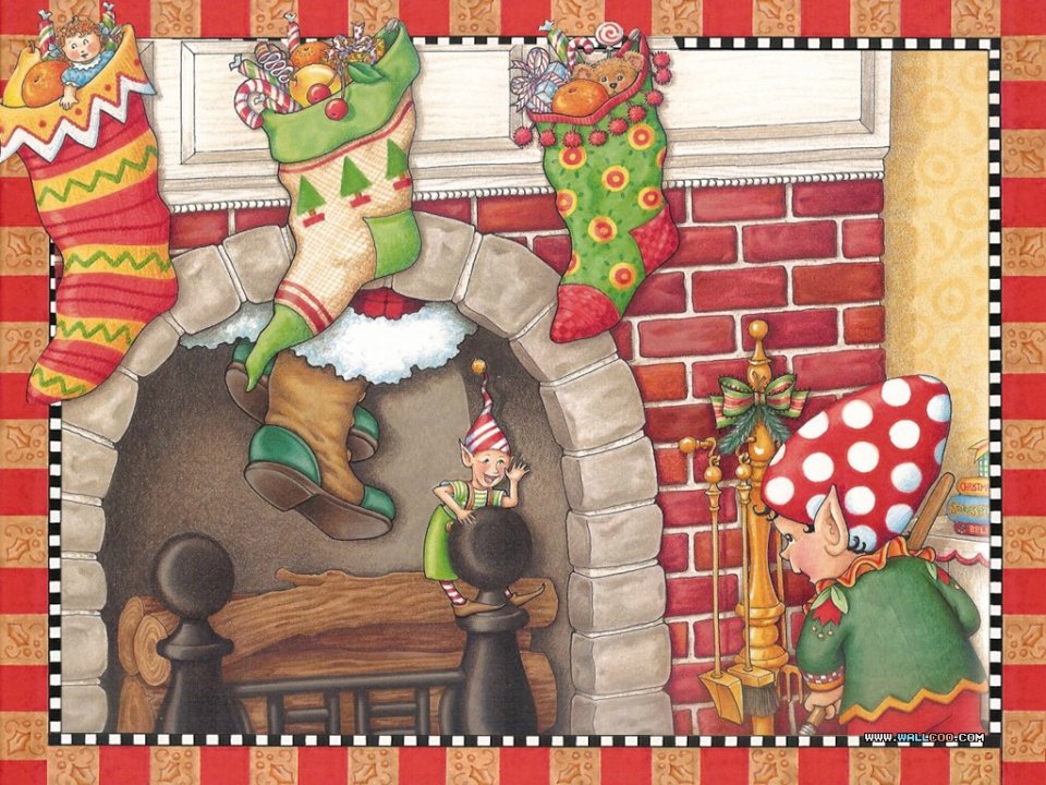 Hand Drawn Christmas Fireplace And Elves