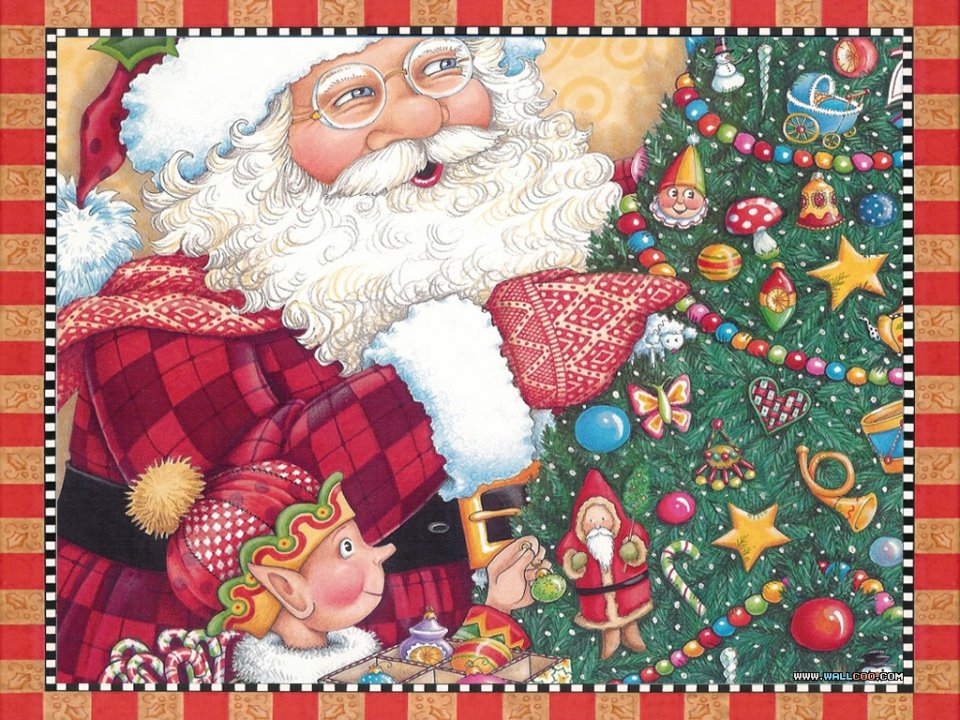 Santa Elf Decorating Christmas Tree Illustration