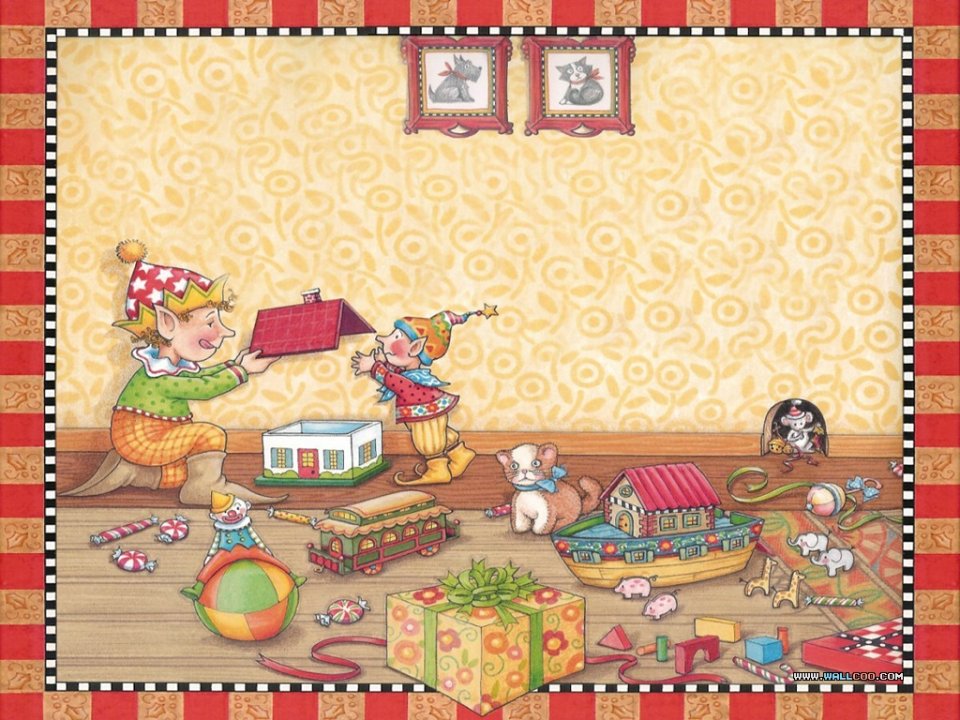 Vintage Illustration Elves Toys Christmas Room