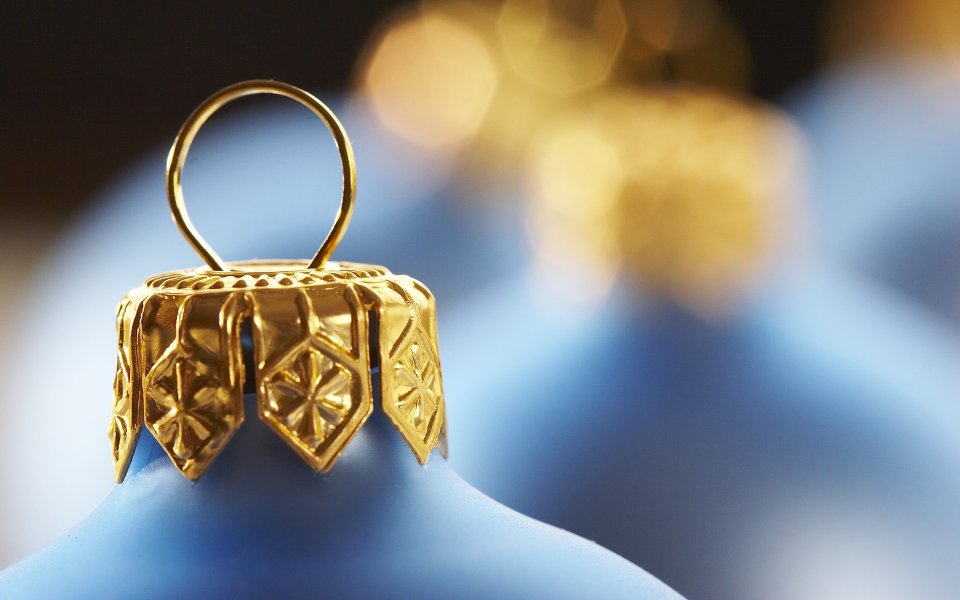 Close Up Blue Christmas Ornament Gold Cap