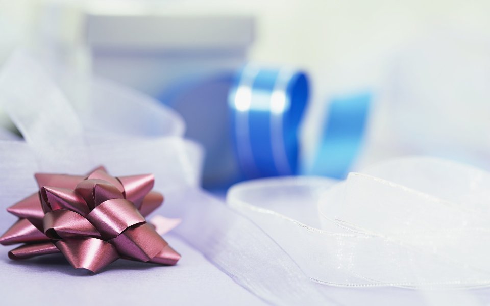 Pink Bow And Blue White Ribbon Gift Wrapping Closeup