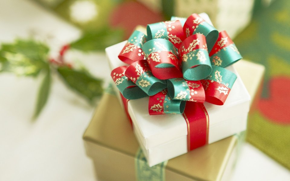 Christmas Gift Stack Closeup Red Green Ribbon