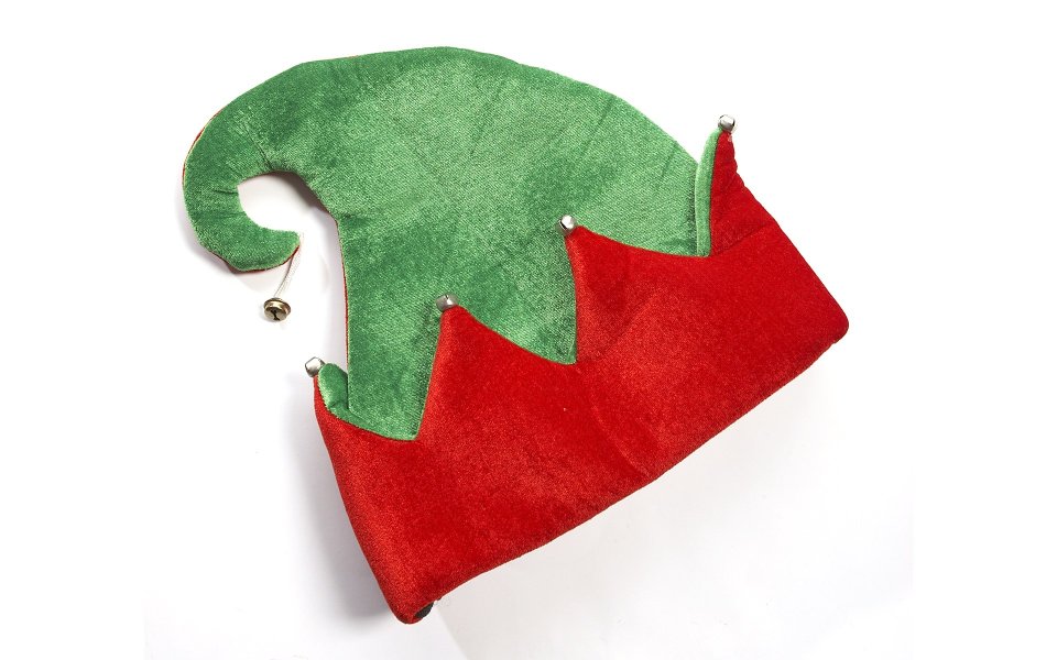 Red And Green Velvet Elf Hat On White Background
