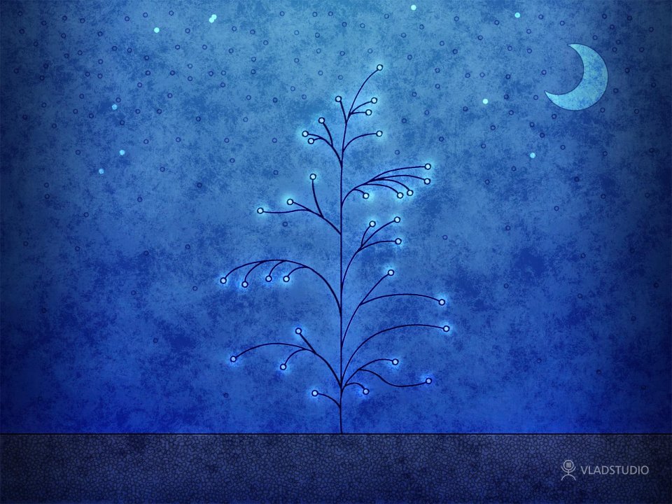 蓝色星空下的发光线条植物插画