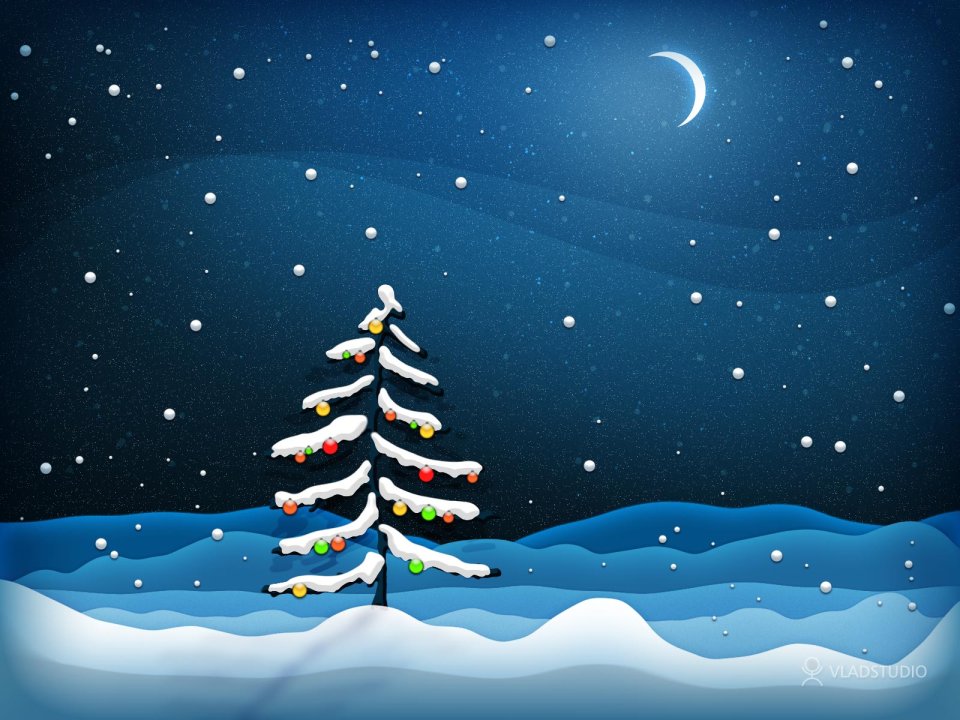 Vector Illustration Snowy Night Christmas Tree