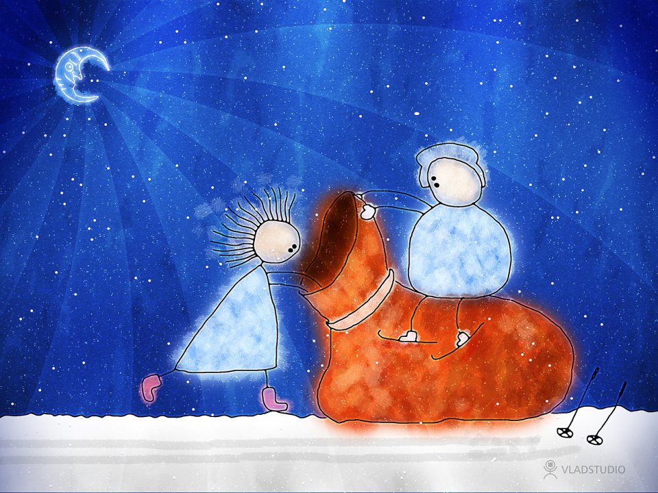 Christmas Night Snowman Riding Reindeer Illustration