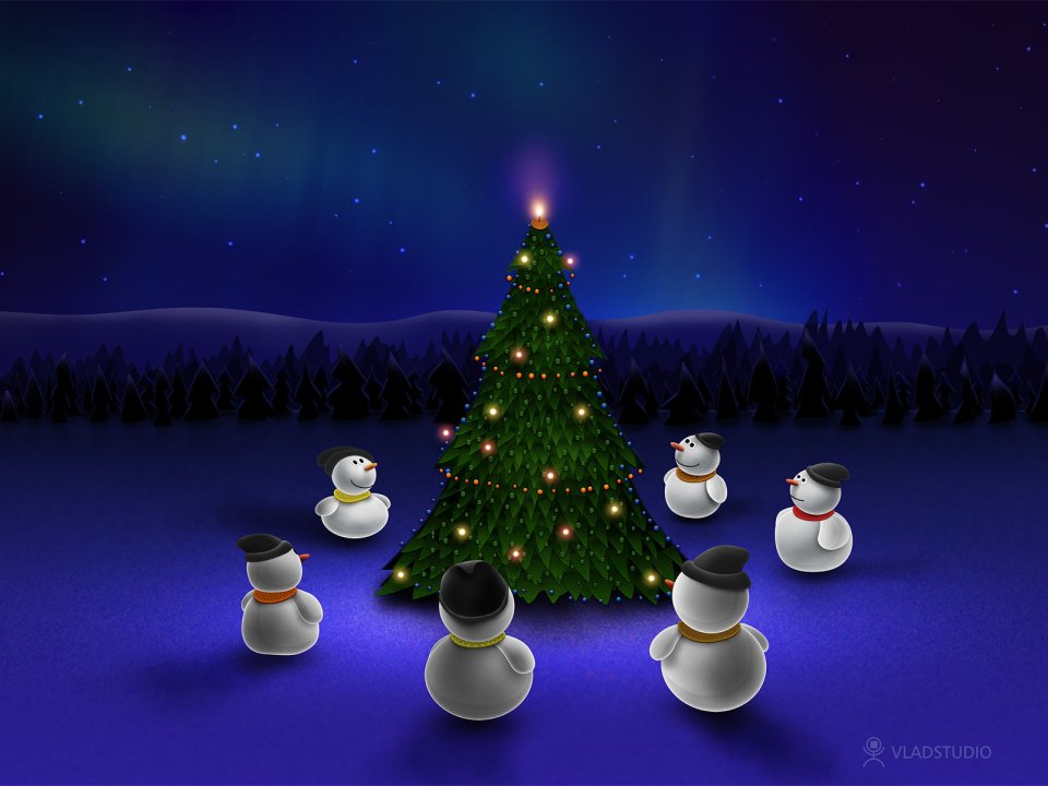 Aurora Under Christmas Tree Snowmen Illustration