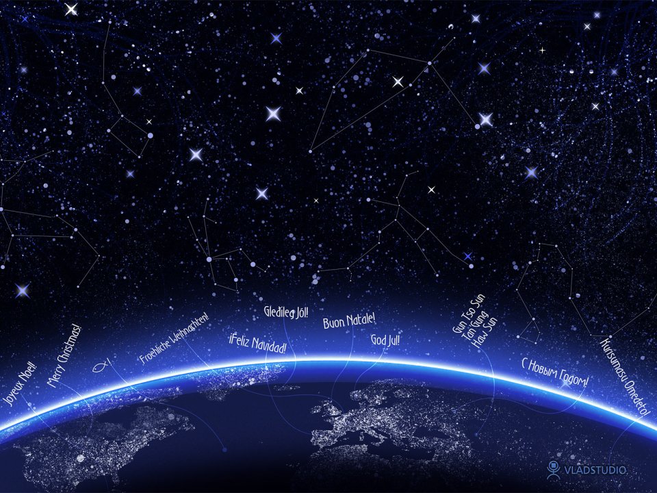地球弧线上的多语言圣诞祝福与璀璨星空星座图