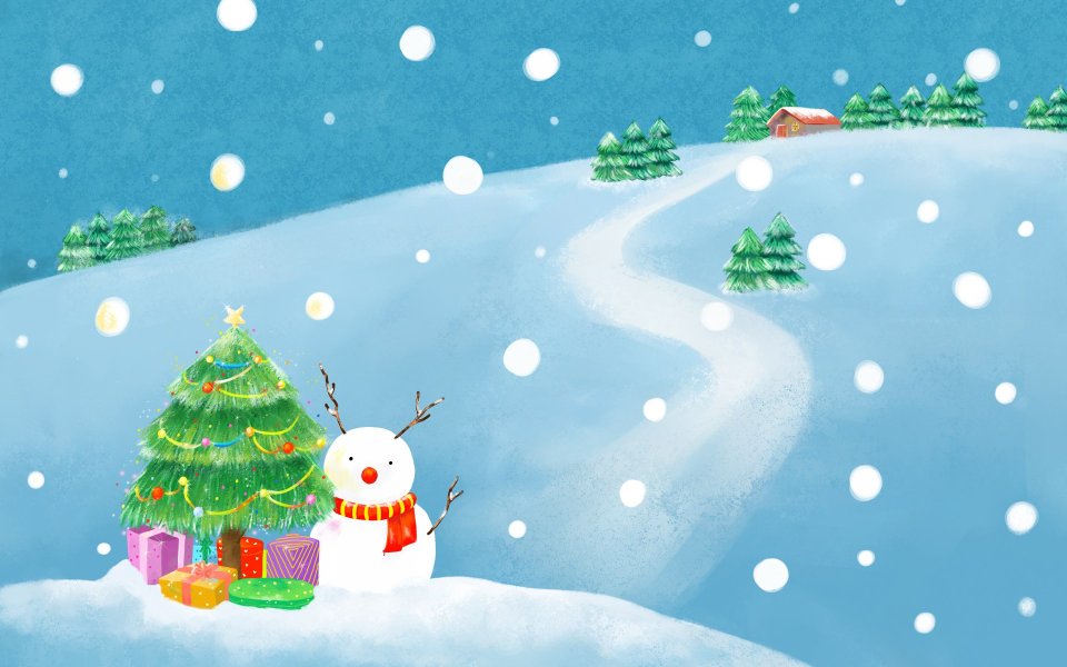Watercolor Winter Snowman Christmas Tree Illustration
