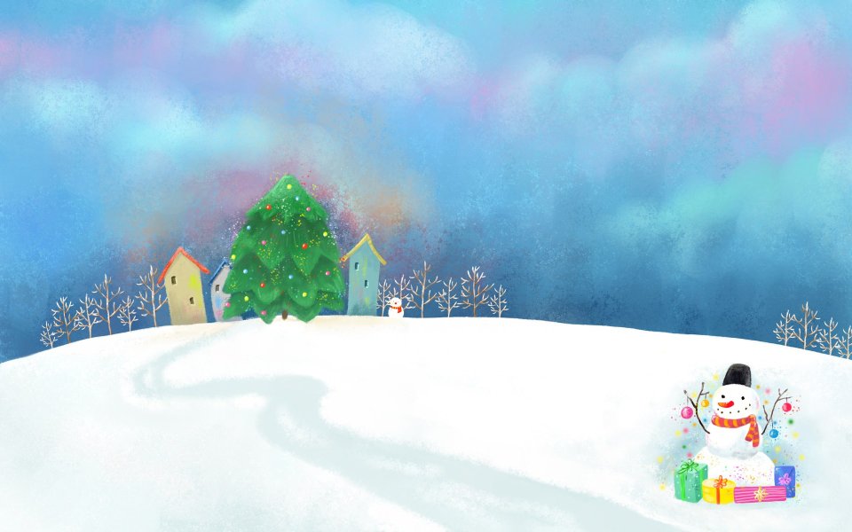 梦幻水彩风冬日雪景与圣诞树插画