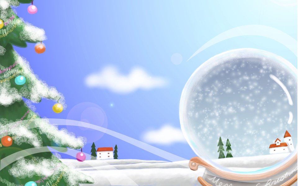 Winter Healing Illustration Decorated Christmas Tree And Dreamy Snow Globe