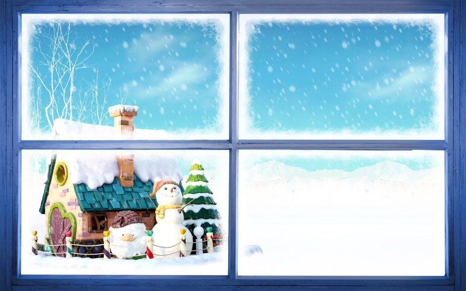 Cartoon Winter Window Scene Illustration Gingerbread House Snowman