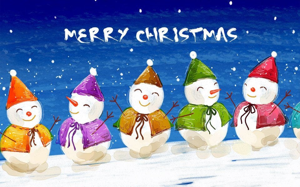 手绘彩色雪人排列庆祝圣诞快乐插画
