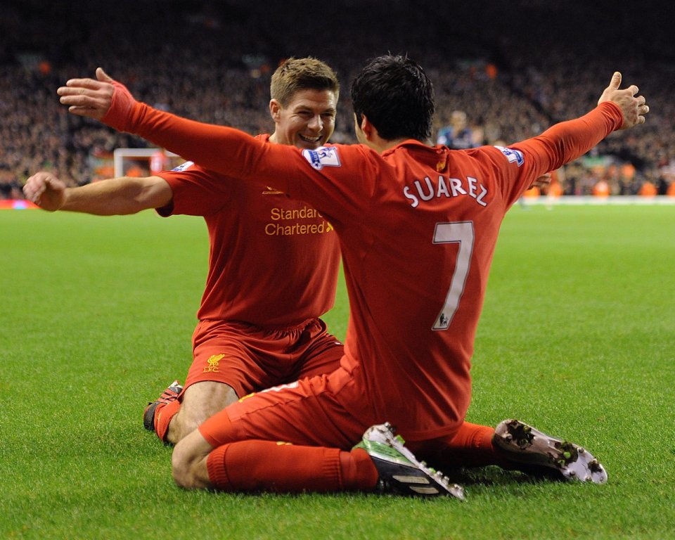 Liverpool Players Gerrard And Suarez Celebrating Goal