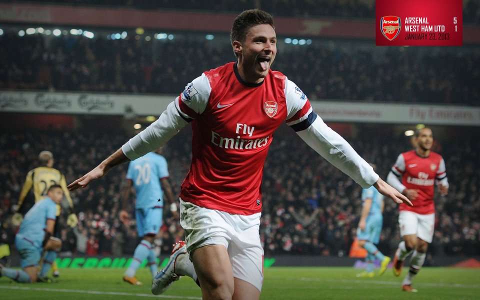 Arsenal Player Celebrating Goal In Premier League Match (Arsenal 5 1 West Ham United, January 23, 2013)