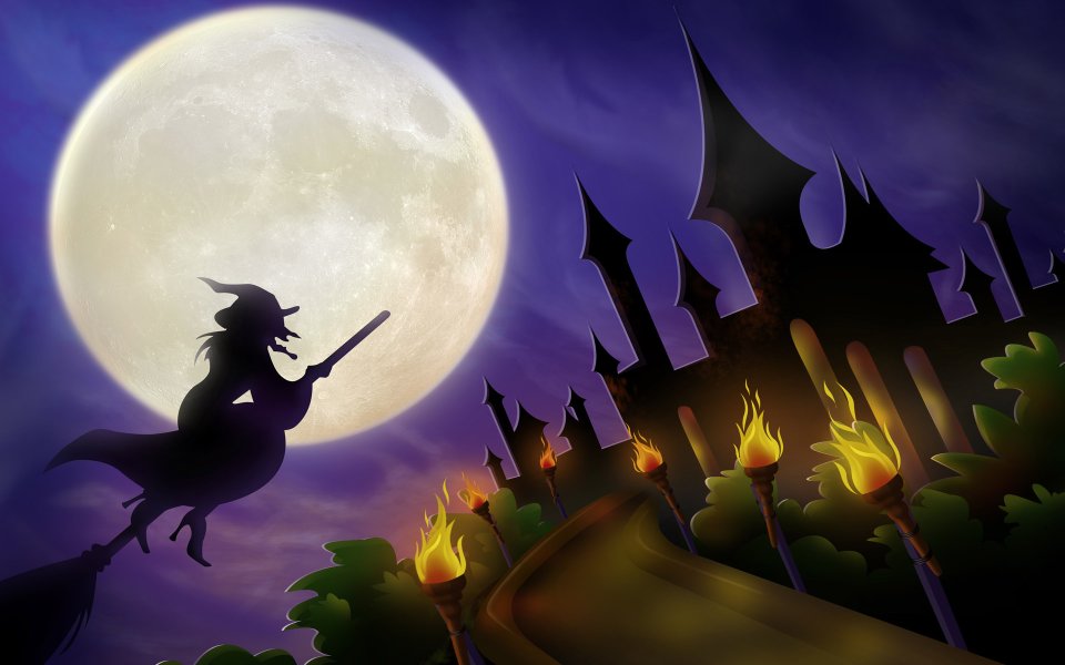 万圣节女巫骑扫帚飞过城堡与满月夜景插画