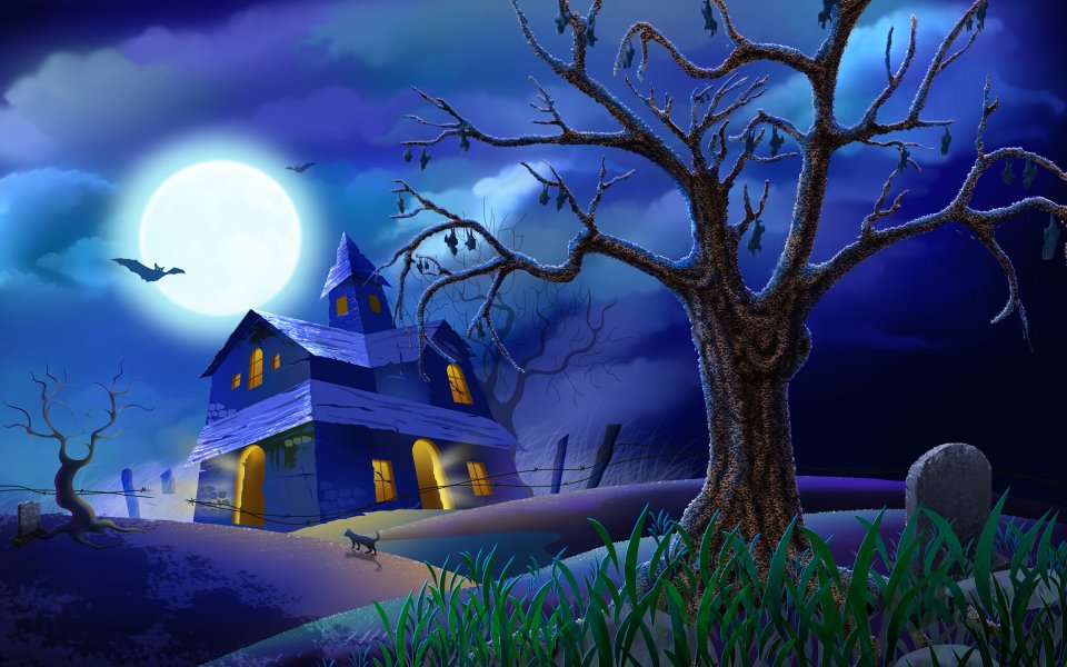 Halloween Night Cartoon Illustration Spooky Mansion Under Full Moon