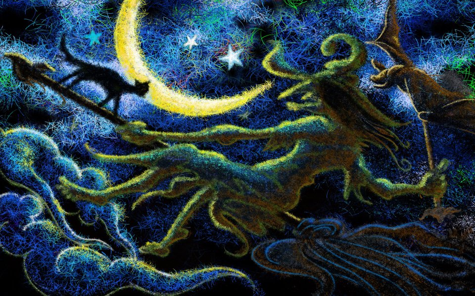 万圣节奇幻插画：女巫骑着扫帚穿越星空与月亮