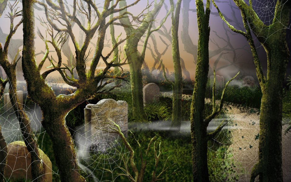Spooky Halloween Cemetery Mist Dead Trees Spiderweb