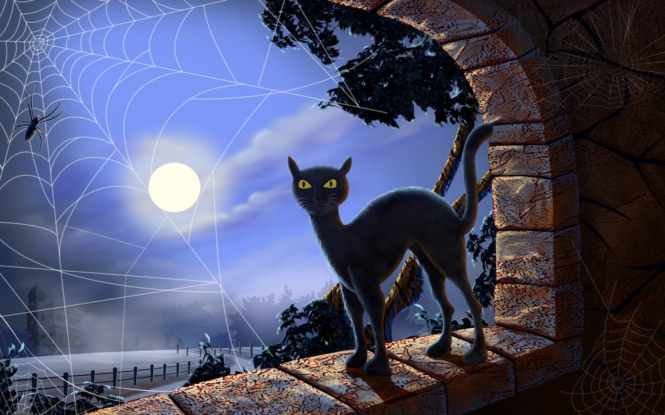 万圣节神秘黑猫与满月夜景插画