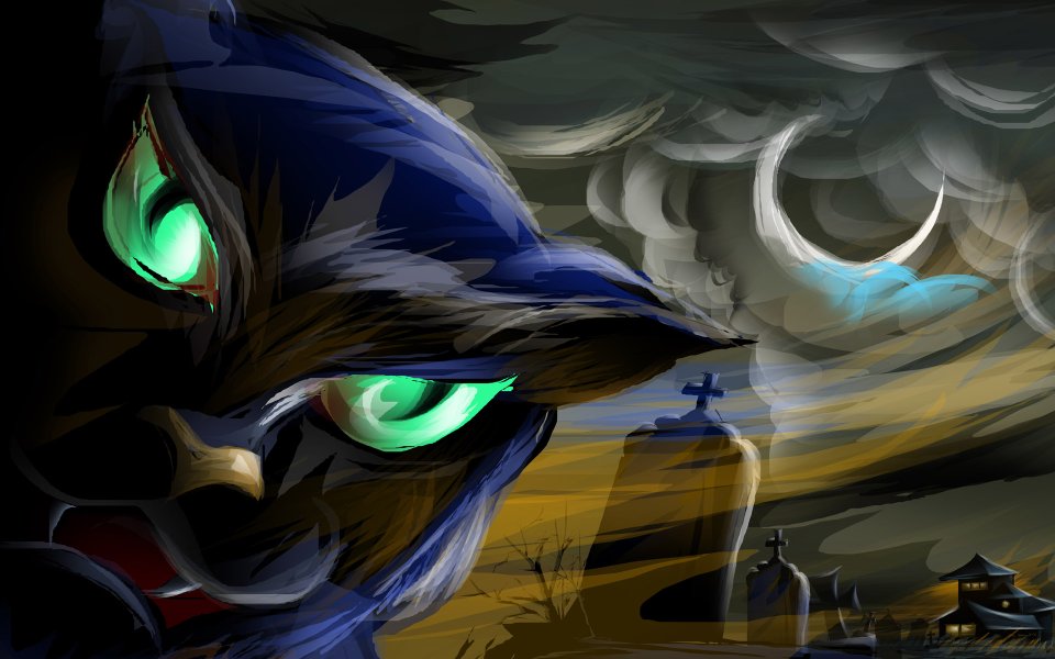 万圣节黑猫墓地夜景插画