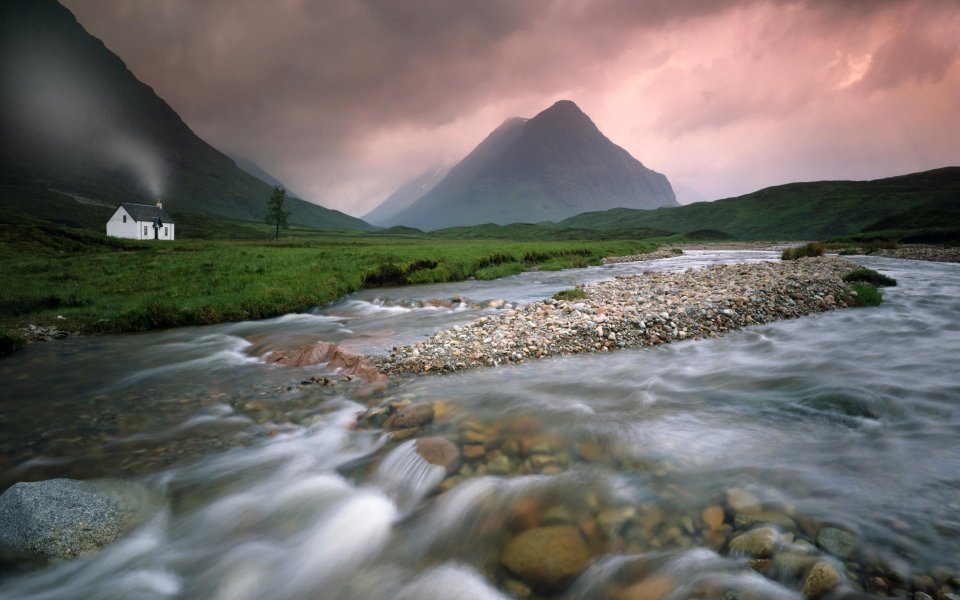 Scottish Highland Glen Co Valley Cottage Stream Sunset Scenery