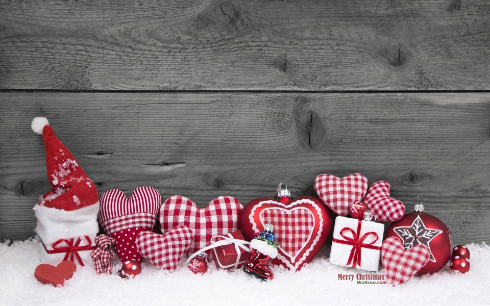 Red Heart Christmas Ornaments On Wood