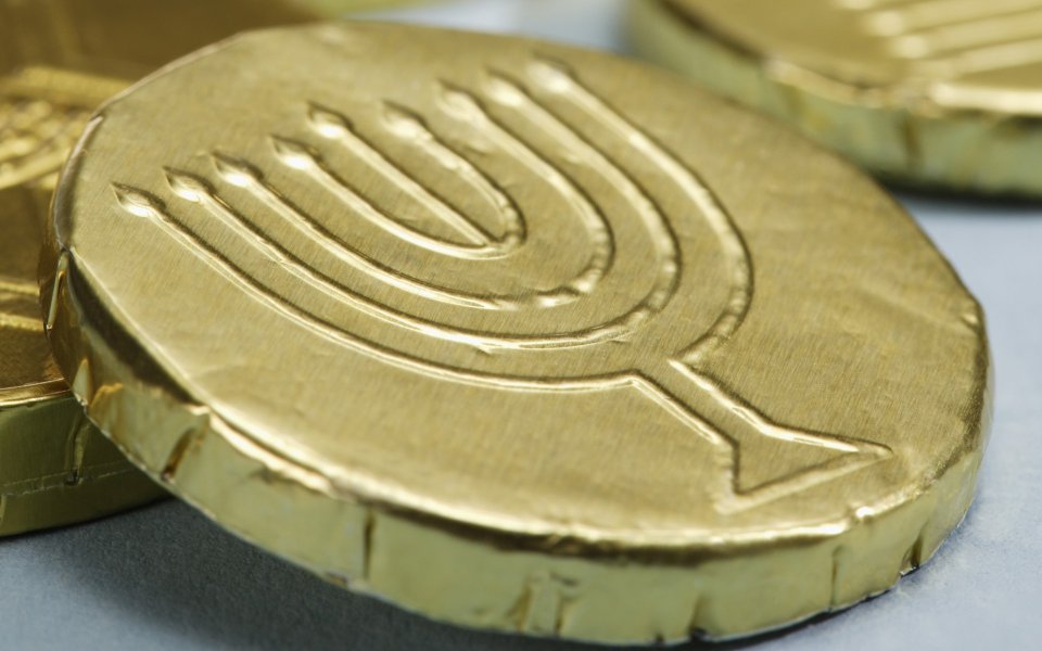 Hanukkah Gold Foil Chocolate Menorah Close Up