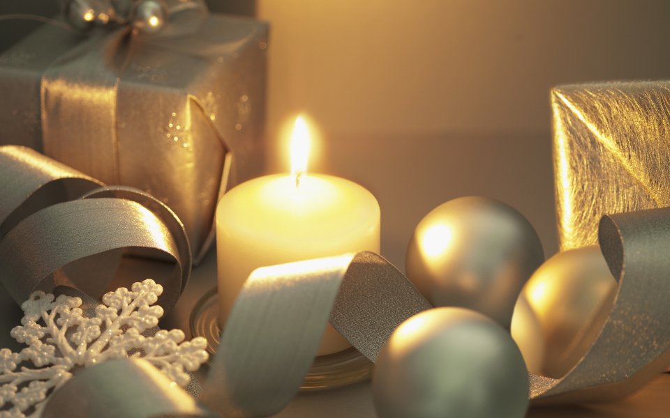 Cozy Christmas Still Life Candle And Silver Decor