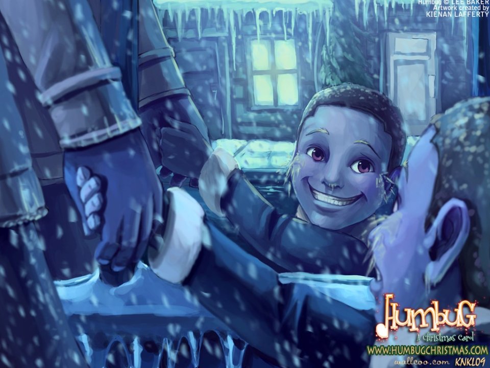 《Humbug》圣诞颂歌插画：小蒂姆在雪中微笑