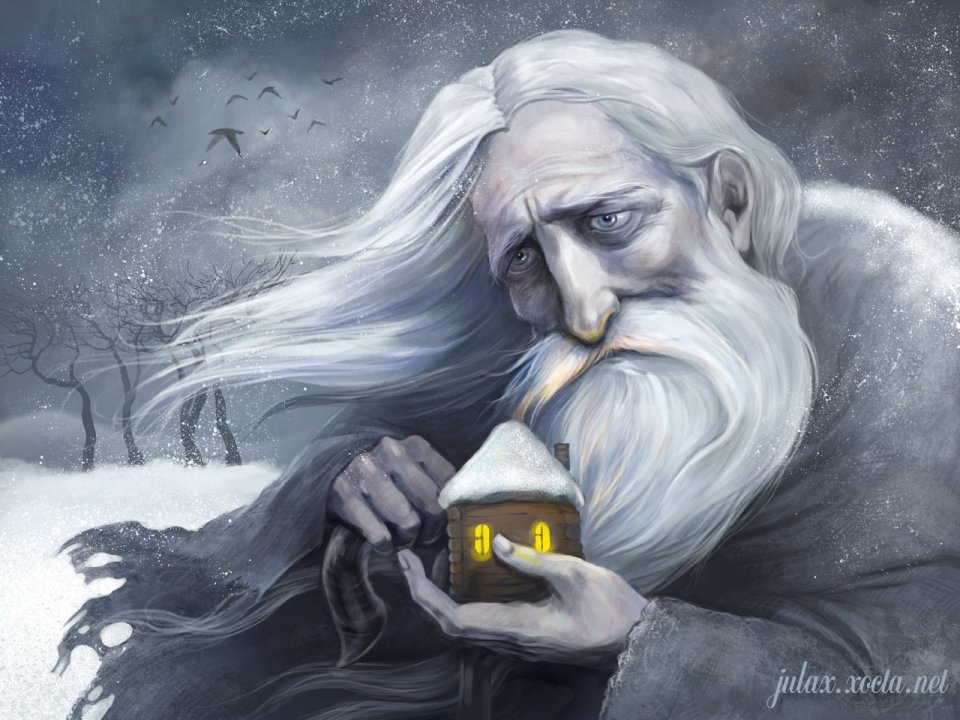 奇幻插画：风雪中的白发老人与手中微缩小屋