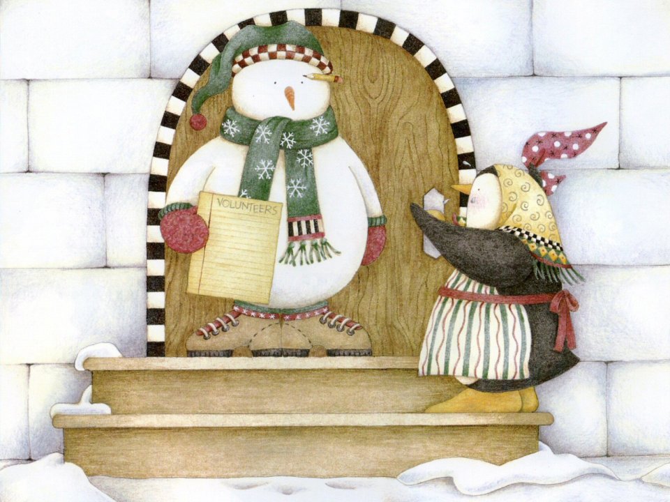 Whimsical Illustration Snowman Volunteer Penguin Gingerbread House