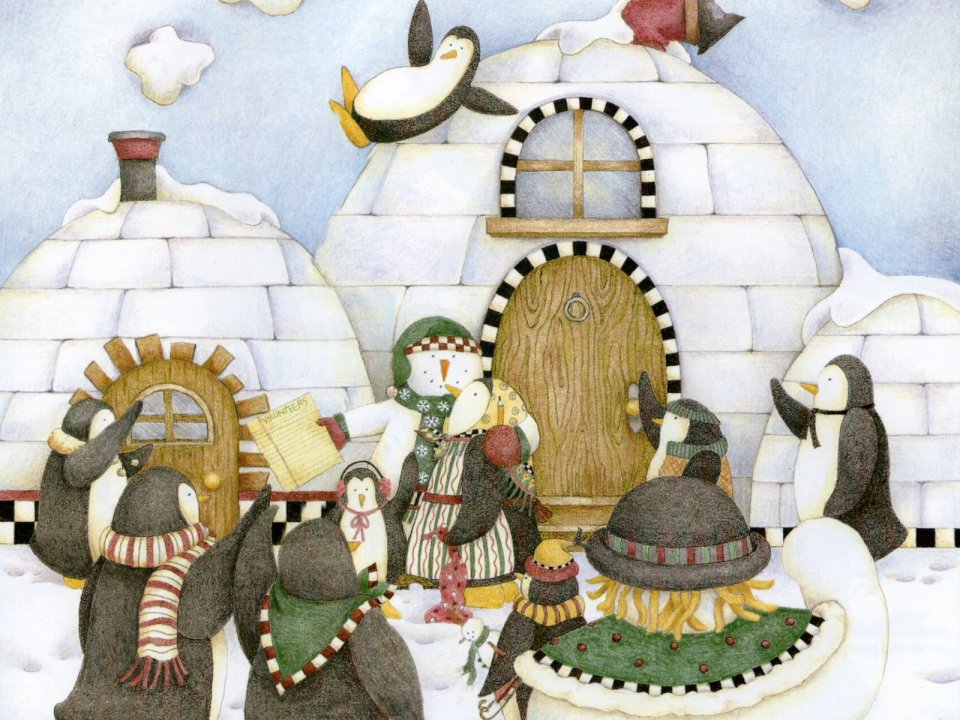 企鹅与雪人冬季节日聚会插画